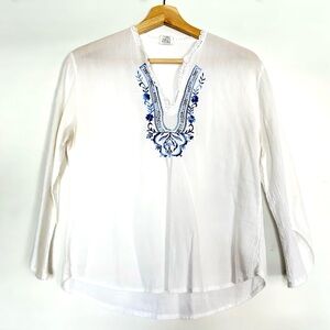 Vintage Greek White and Blue Embroidered cotton boho blouse